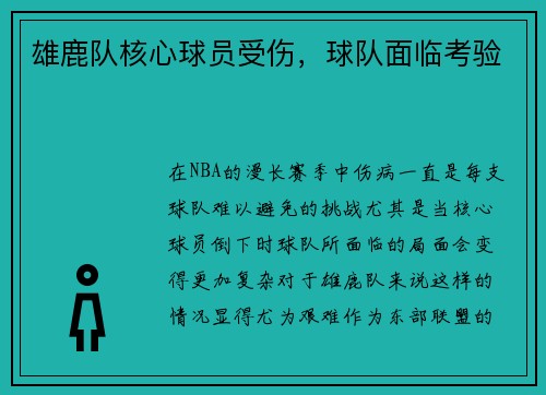 雄鹿队核心球员受伤，球队面临考验